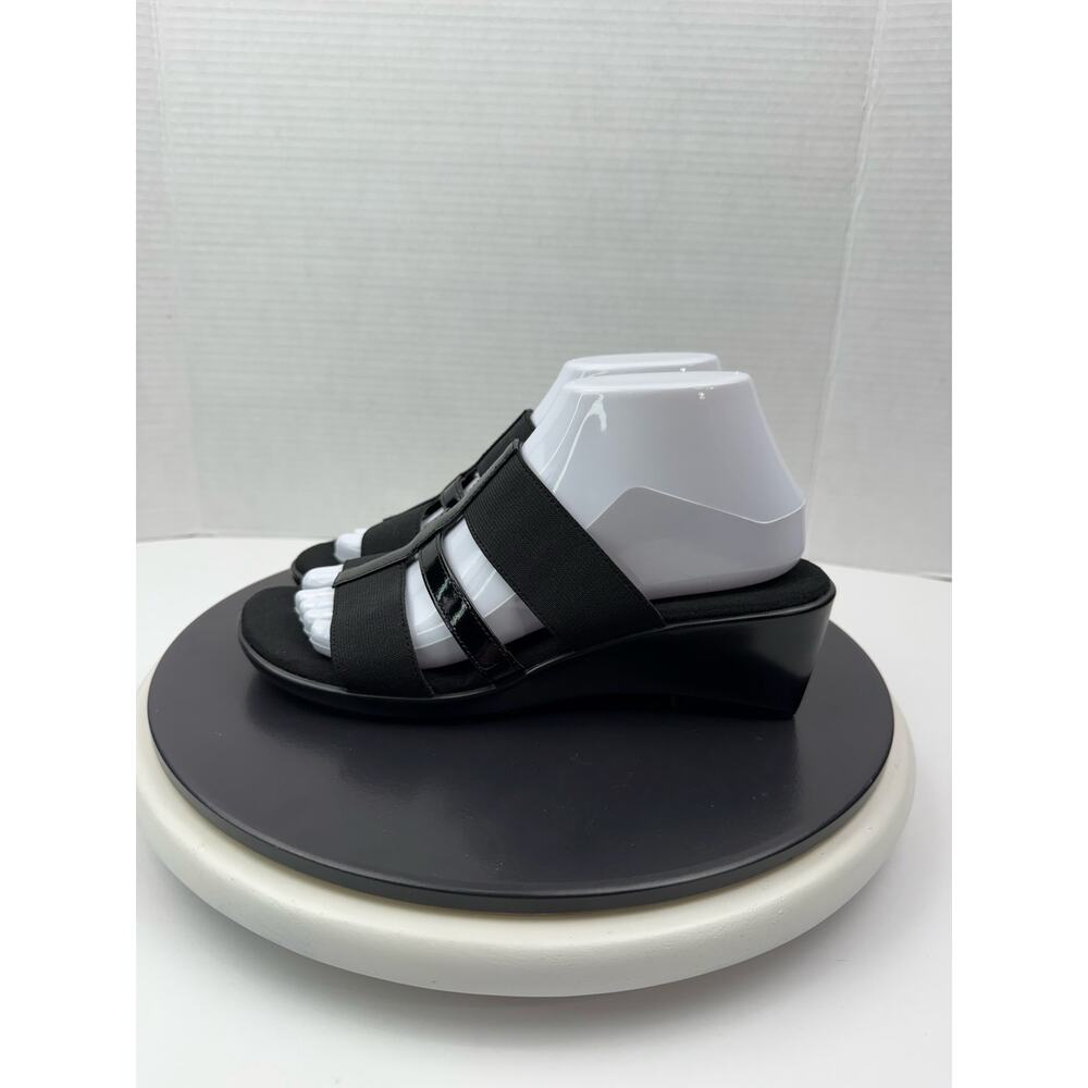 Aerosoles Flaunt Womens Sz 8 Black Patent Leather Slip On Stretch Wedge Sandals